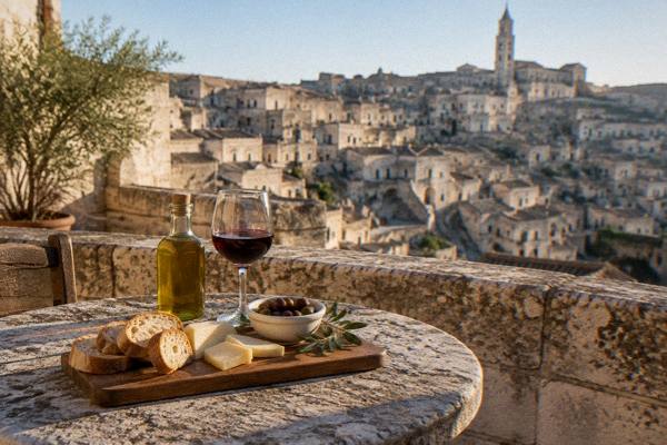 A table on a terrace with bread, cheese, olives and red wine, the stacked houses of old Matera blurred behind