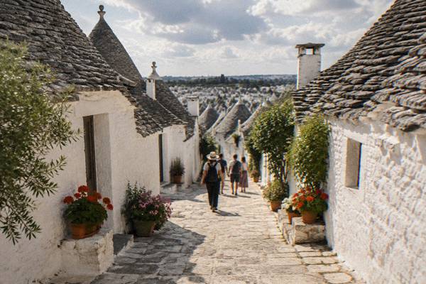 A narrow lane lined with whitewashed trulli houses and grey cone roofs in Alberobello, a few people walking away