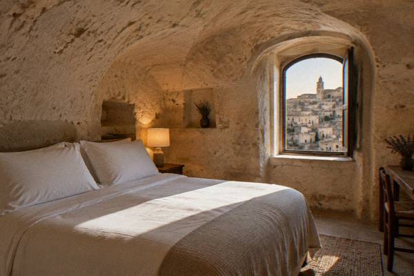 A cave room carved into pale stone with a made bed, a vaulted ceiling and warm lamplight in Matera