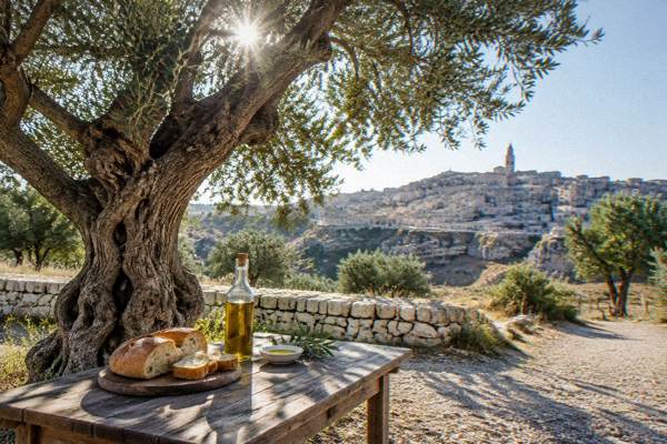 An old olive tree on a dry hillside near Matera with a small tasting table of bread and olive oil