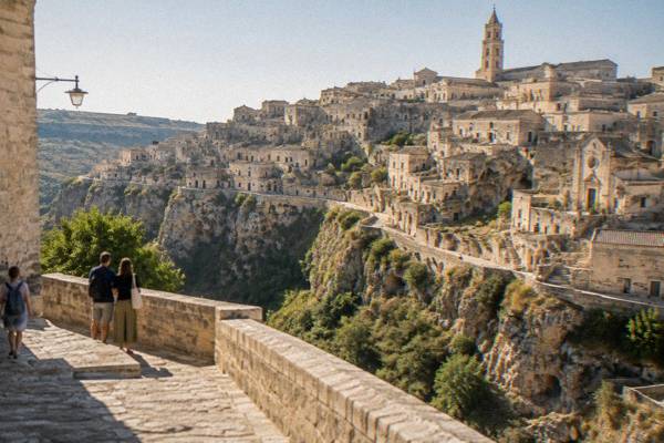 Stacked cave dwellings of old Matera seen across the ravine from a stone railing in clear morning light