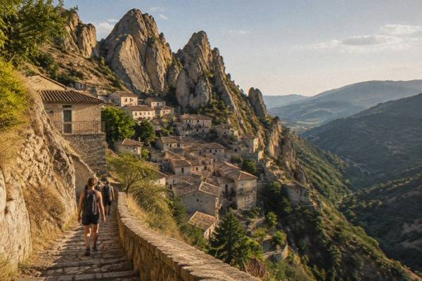 Hikers on a stone-stepped mountain path beneath jagged rock pinnacles and a grey stone village in Basilicata