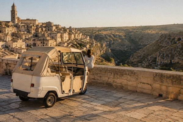 A three-wheeled tuk-tuk parked at a stone viewpoint in Matera, a passenger looking over the cave dwellings and the canyon