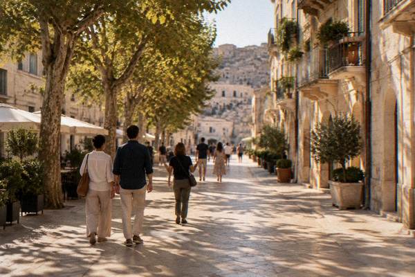 A guide and a couple walking slowly down a tree-lined street of cream stone buildings in Matera