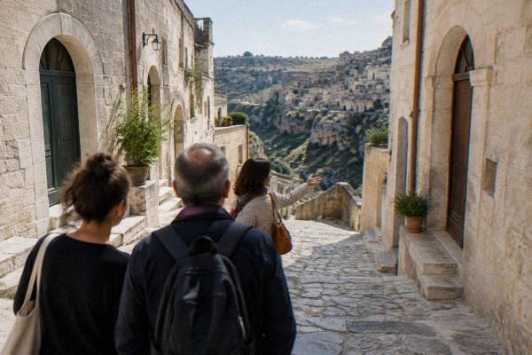 Two visitors and a guide on a narrow sloping stone street between pale arched houses in Matera