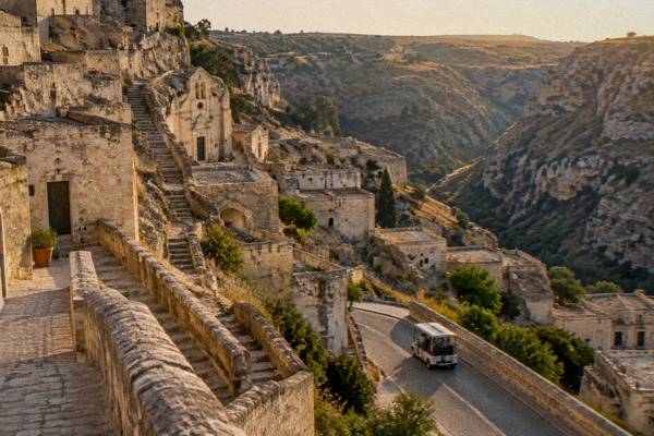 A small open-top shuttle on a curving road beneath terraces of stacked stone cave dwellings in Matera
