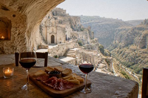 Glasses of red wine and a board of cheese on a stone table in a vaulted cave room in Matera