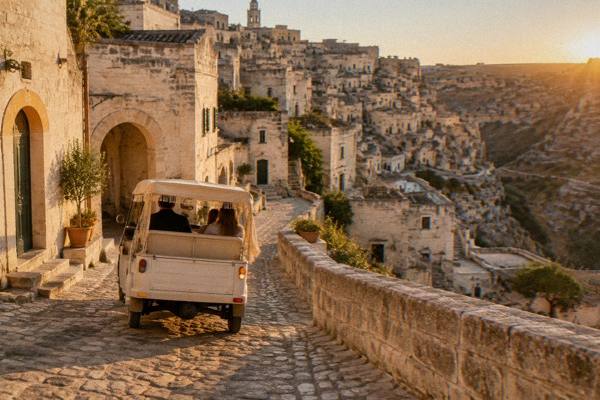 Three-wheeled Ape calessino parked on a stone street at the edge of the Sassi