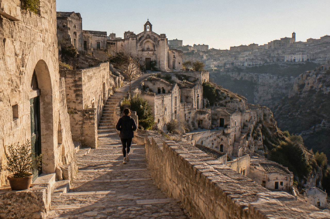 Cave houses and stone stairways in the Sassi districts of Matera at golden hour