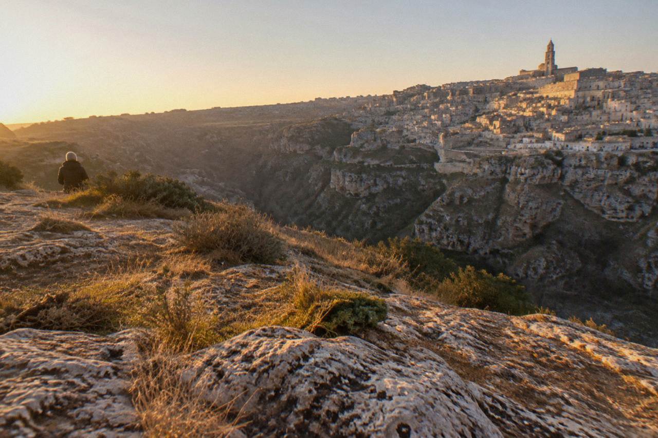 The Sassi of Matera seen across the Gravina canyon on a cold, clear winter morning