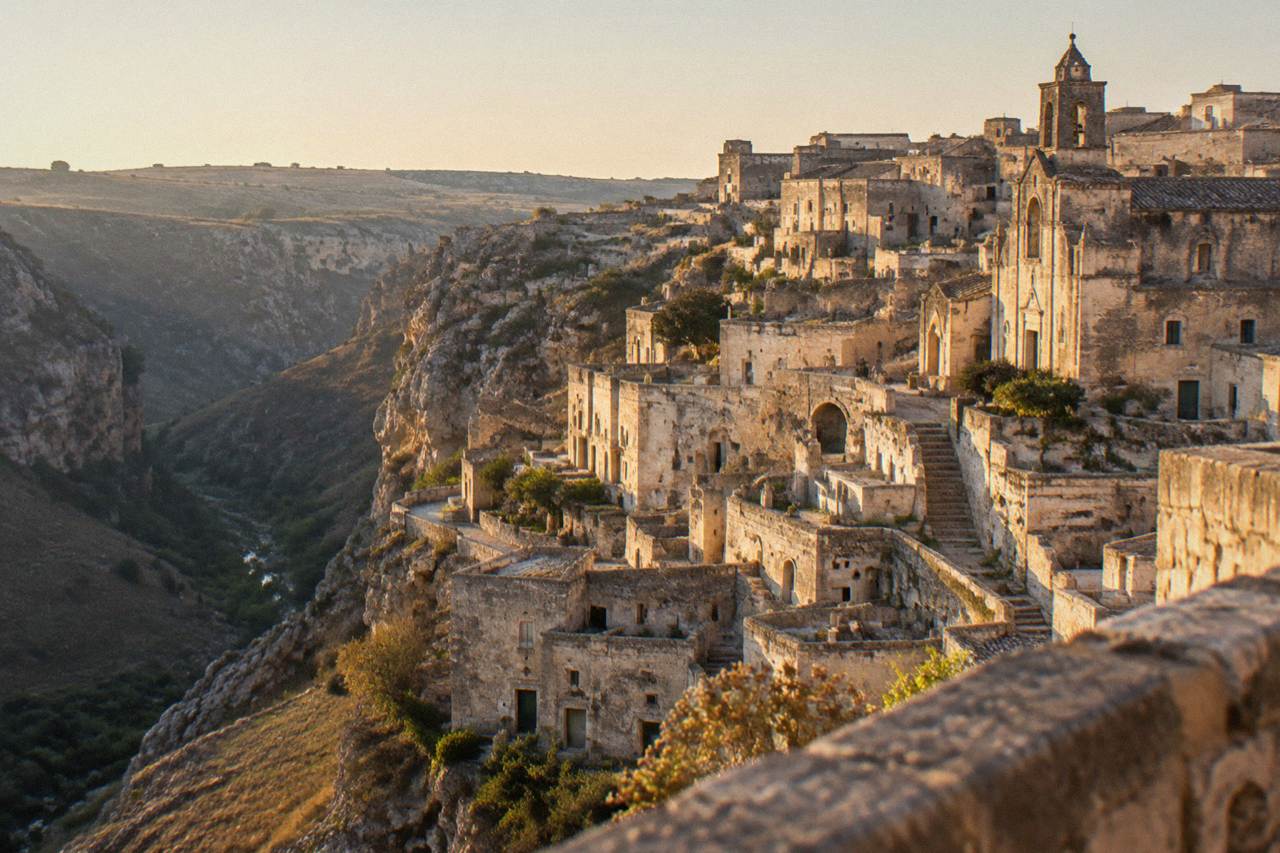 Cave houses and stone stairways of the Sassi district of Matera seen from across the Gravina canyon at golden hour
