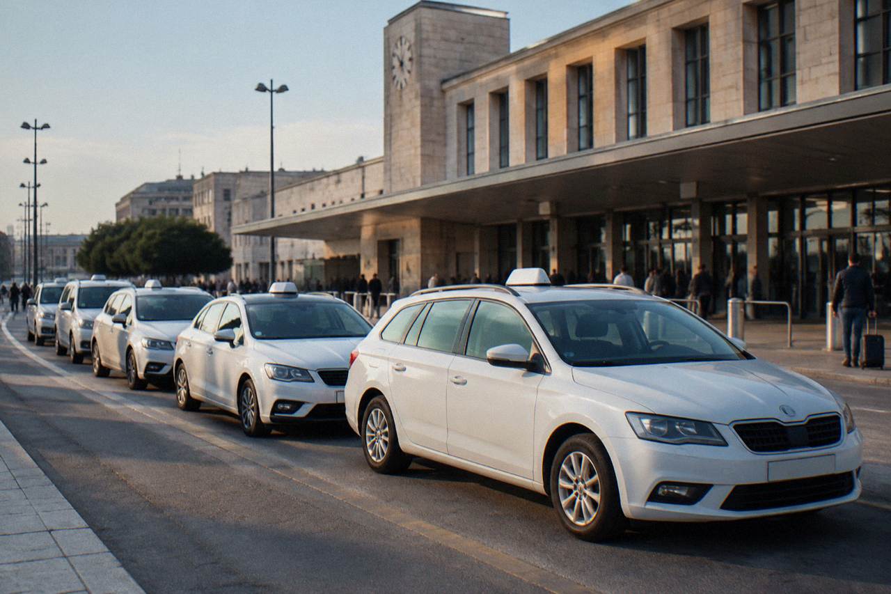A taxi rank outside Bari Centrale station with the station building behind it