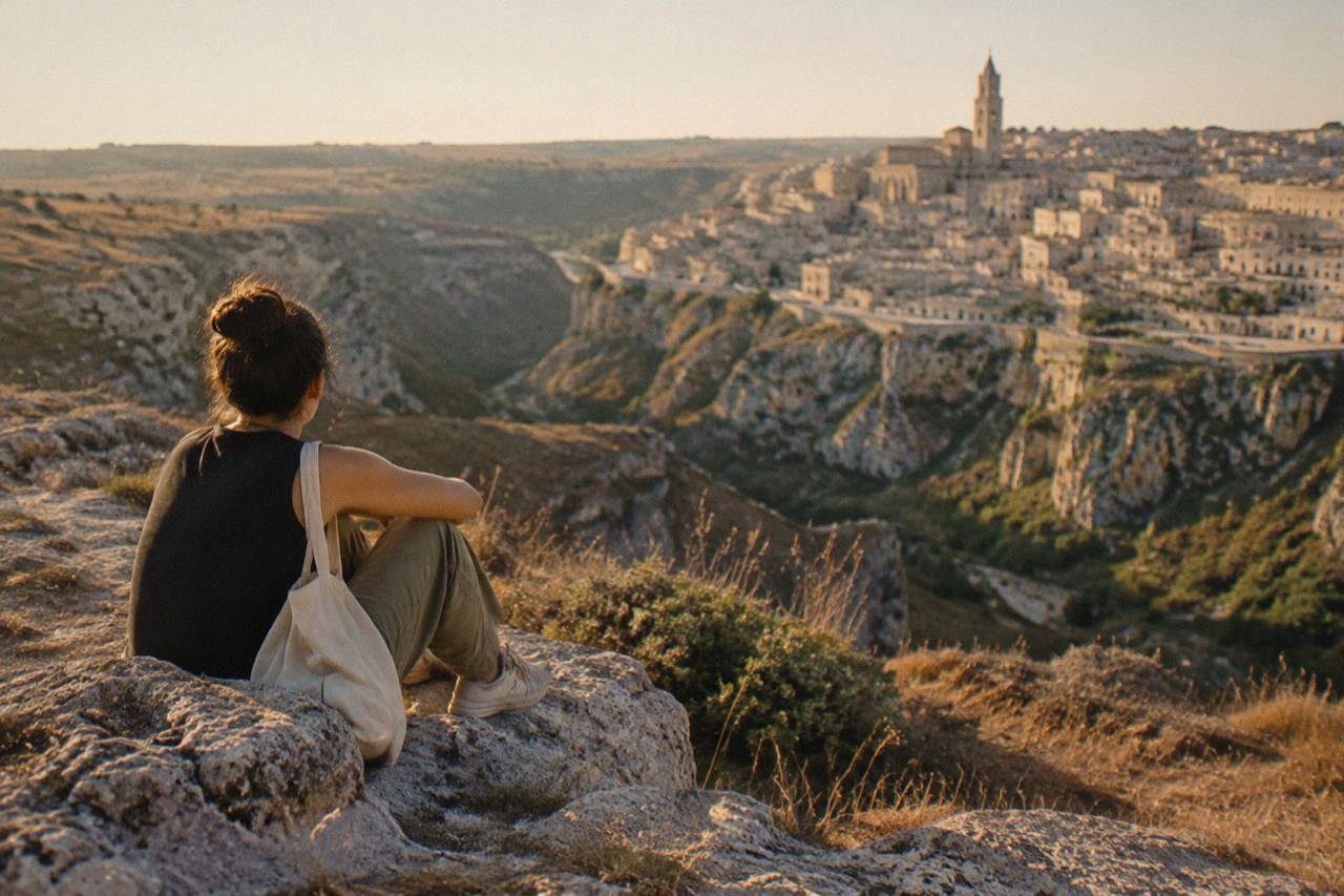 Pale stone cave dwellings of the Sassi rising above the deep Gravina canyon at Matera