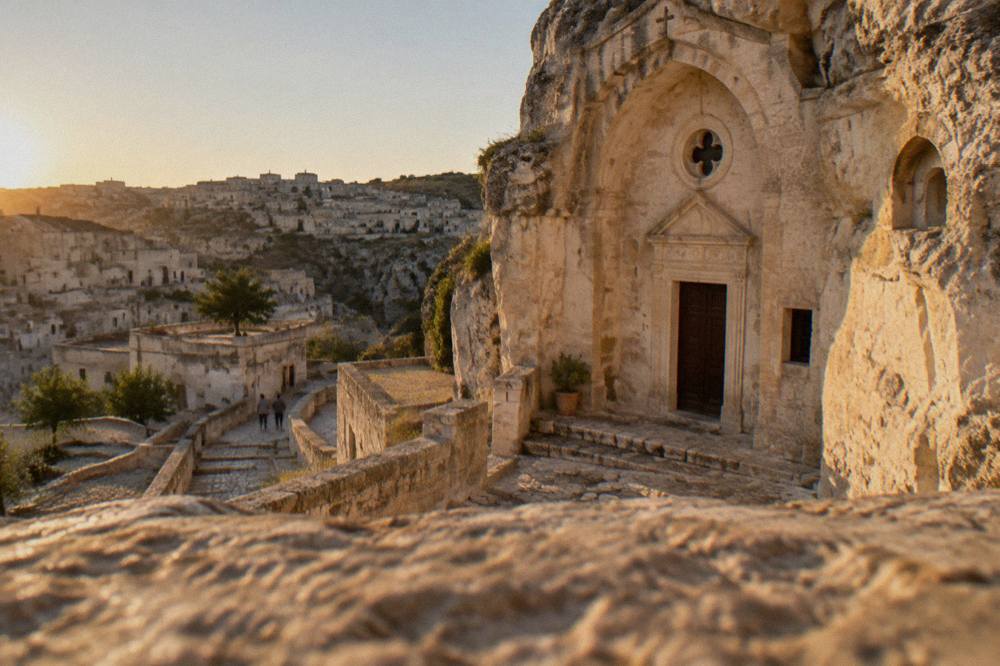 A rock-hewn church facade in the Sassi district of Matera under a clear sky