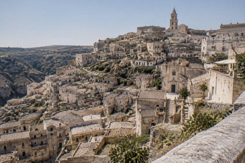 View over the rooftops and cave facades of the Sassi districts from a viewpoint in Matera