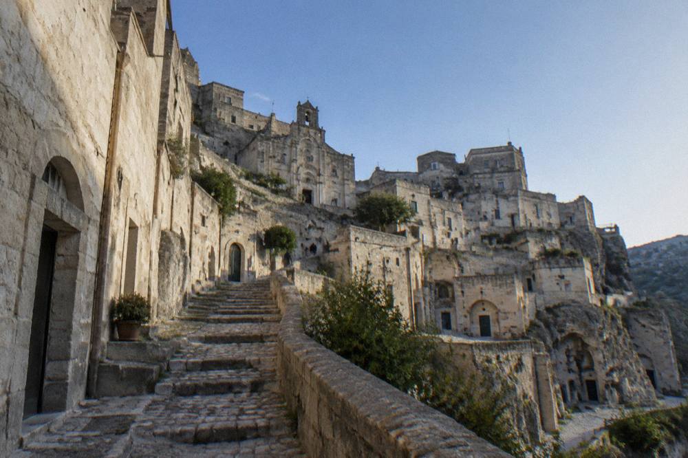 Stepped stone lanes and cave-house façades in one of the Sassi districts of Matera