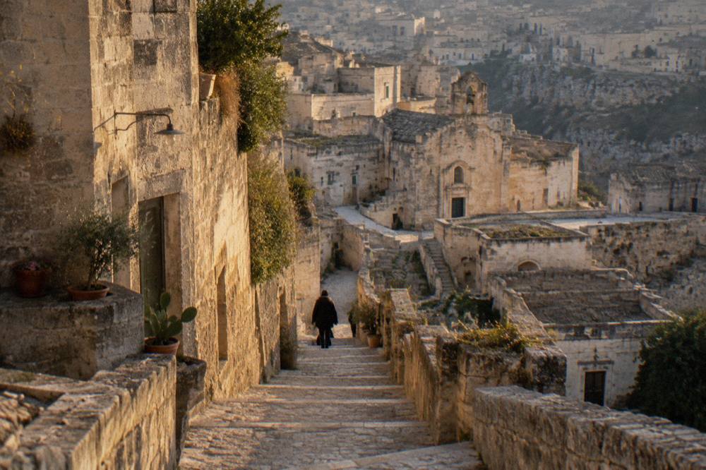 A narrow stepped lane between stone cave houses in the Sassi of Matera under warm evening light