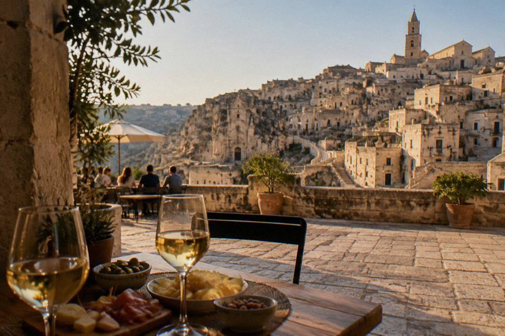 An evening aperitivo with wine and small snacks on an outdoor table in a Matera square