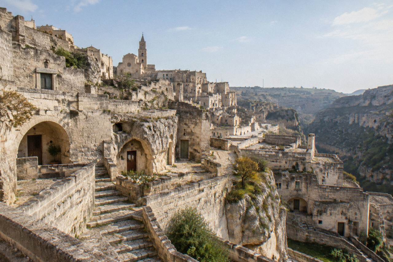 Empty stone cave dwellings and stairways carved into the hillside of the Sassi districts in Matera