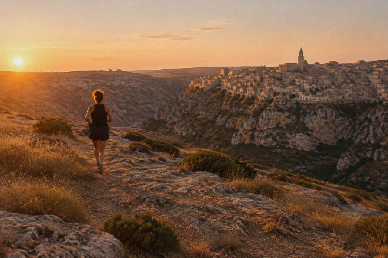 The stone skyline of Matera seen across the Gravina canyon at golden hour
