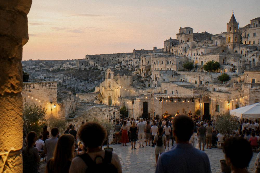 A festival crowd in a stone square in Matera at dusk
