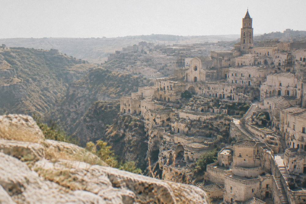 The view of the Sassi districts from the rocky plateau across the canyon