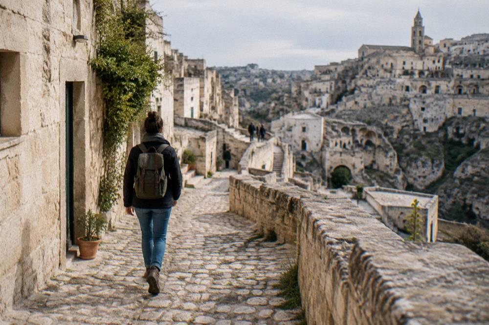 A traveller in sturdy shoes walking a cobbled lane between stone buildings in Matera