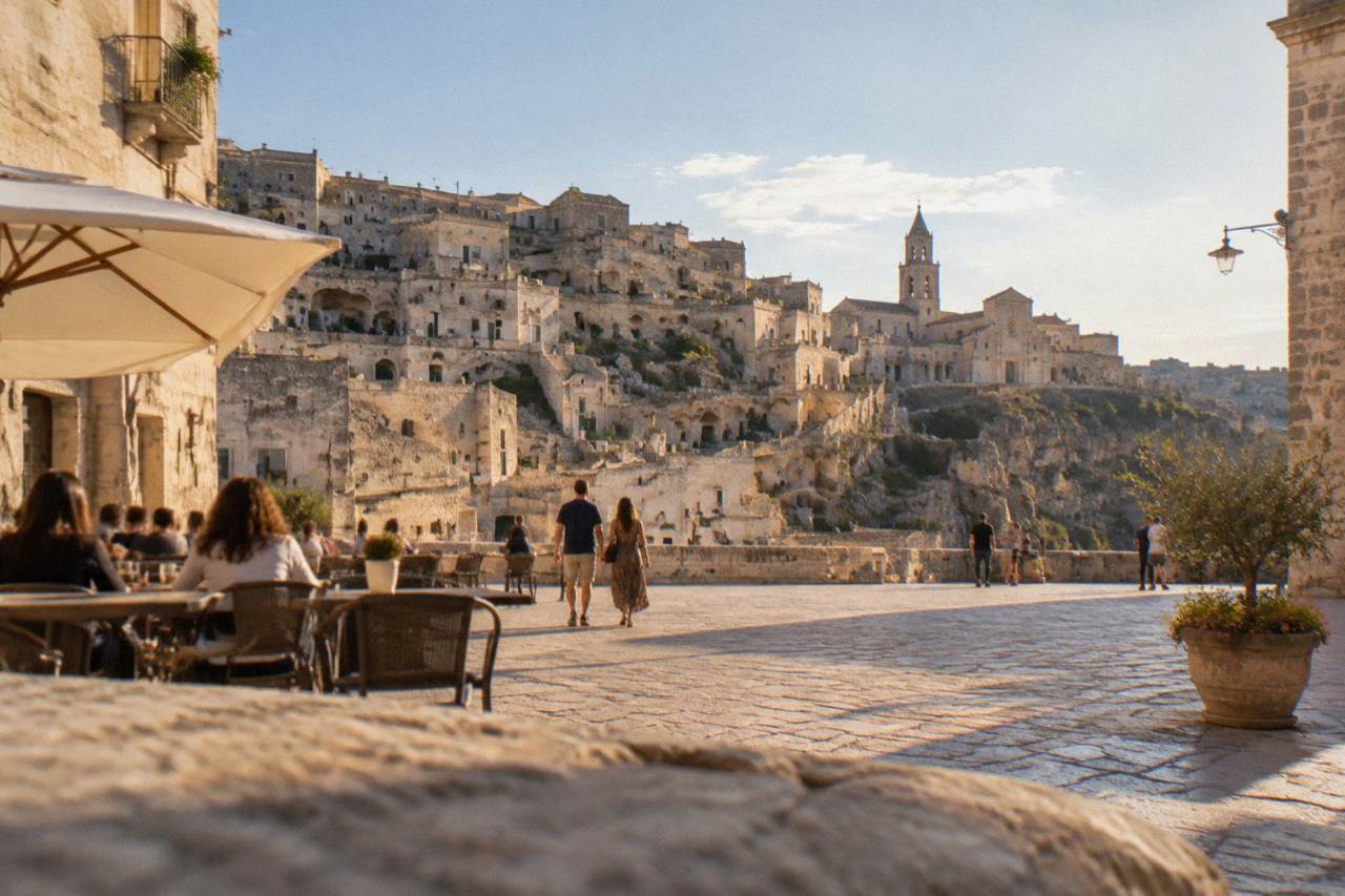 A wide stone square in Matera with café tables, historic buildings and people strolling in warm evening light