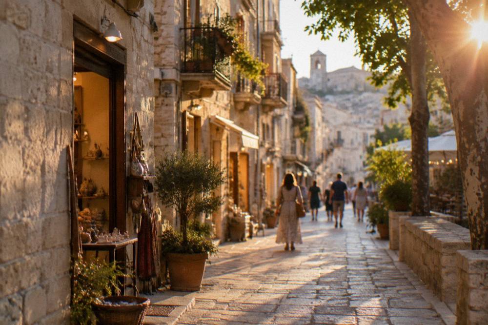 A narrow stone street with warm-lit shops and people walking in the evening