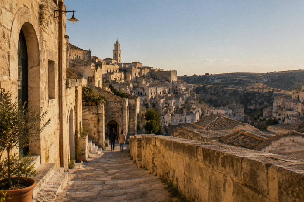 Narrow stepped lane in Sasso Barisano with stone walls and arched doorways