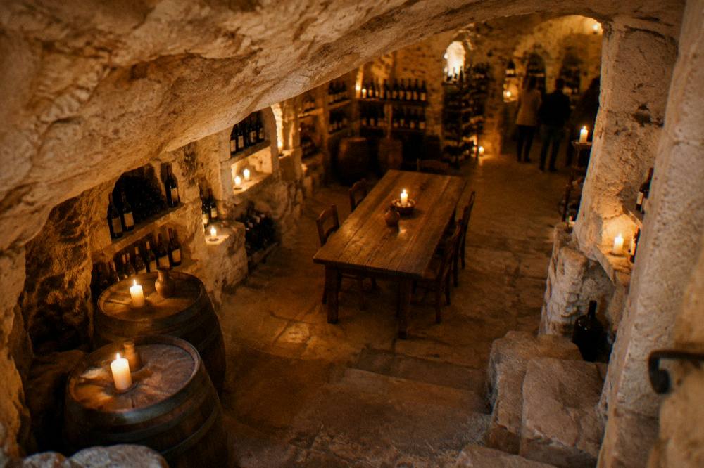 Cave wine cellar with candles and stone walls in Matera