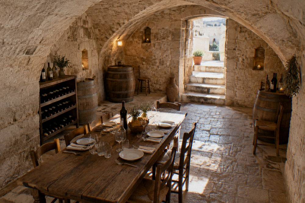 Rustic table set inside a vaulted stone wine cellar in Matera