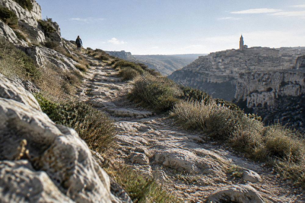 Old stone path winding through Mediterranean scrub on the Murgia plateau above Matera
