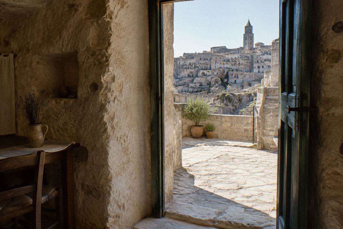 Doorway of a cave house opening onto a stone courtyard in the Sassi