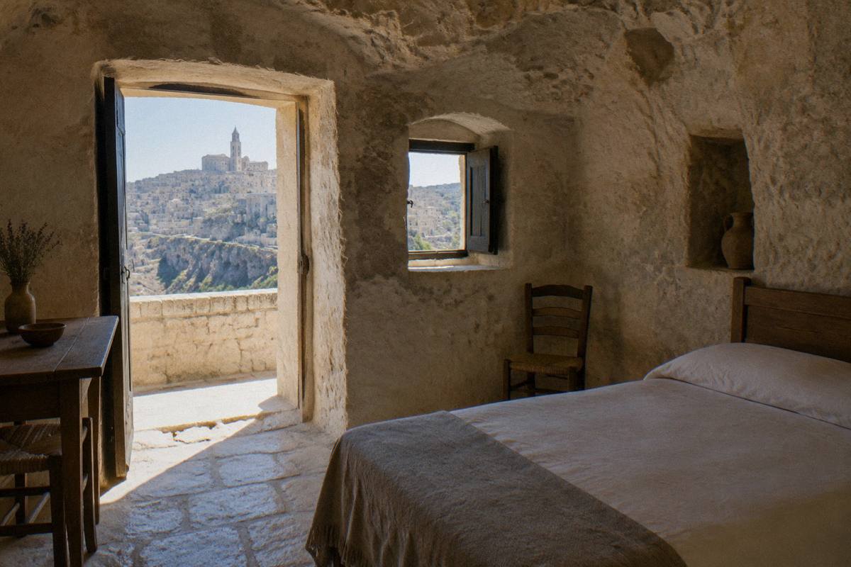 Low stone room of a cave house with a simple bed and rough walls