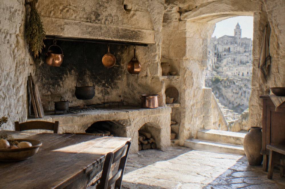 A stone hearth and hanging copper pots in a cave kitchen in Matera