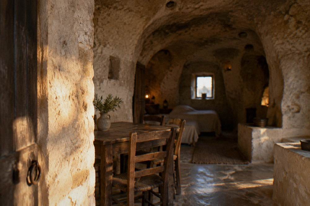 A restored cave house interior with stone walls and simple rustic furnishings