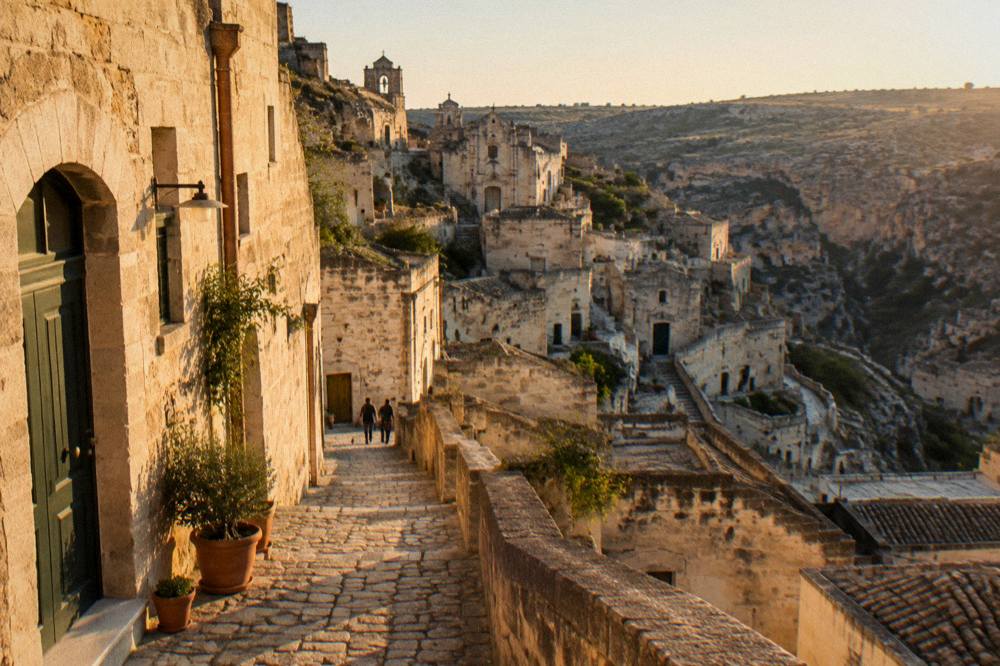 A stone street in Matera with cave house doors and warm afternoon light on the walls