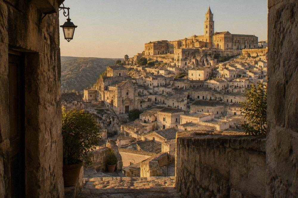 Golden evening light on the castle towers above the rooftops of Matera