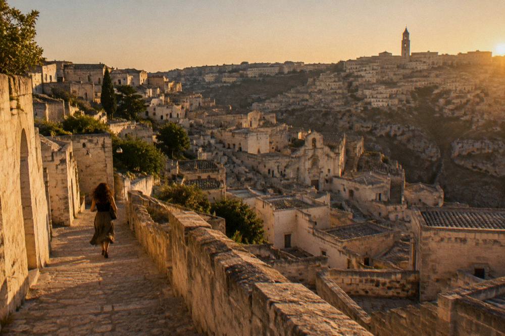 Wide view of Matera's rooftops and the Sassi ridgeline seen from the hill near the castle at dusk