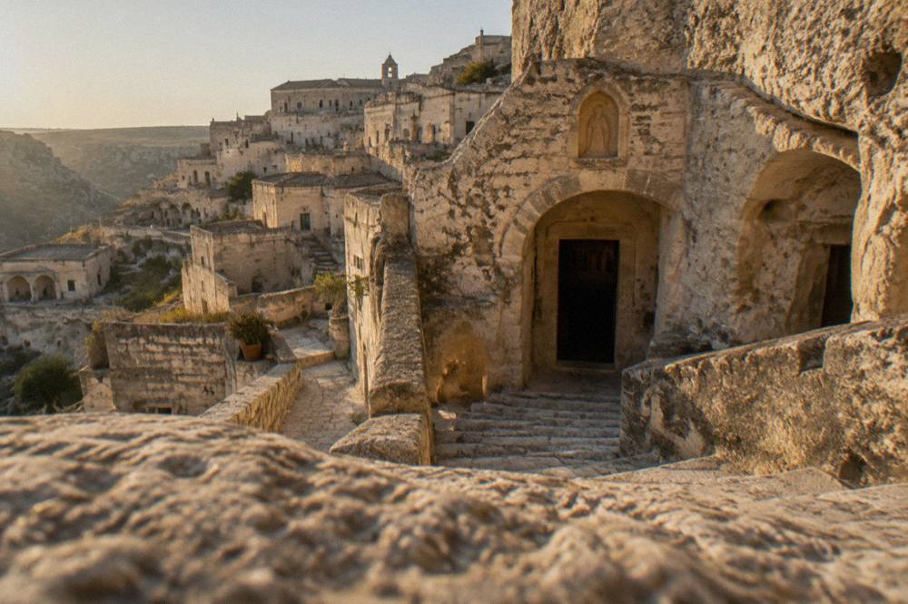 Carved stone arches and a worn staircase leading into a cave church entrance in Matera