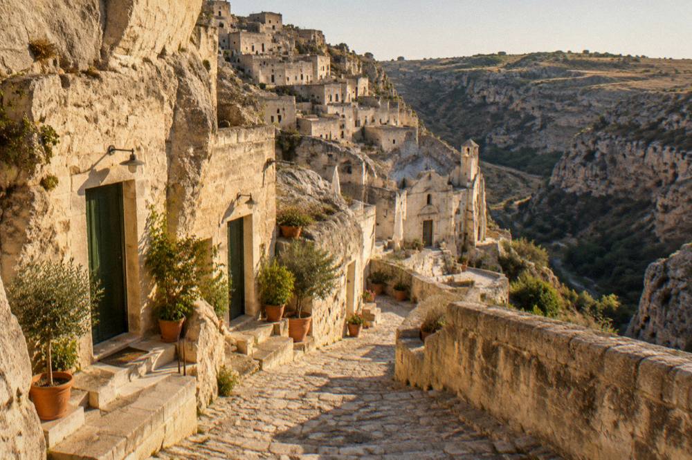 A quiet Sasso Caveoso lane in Matera with restored cave house doors and potted plants