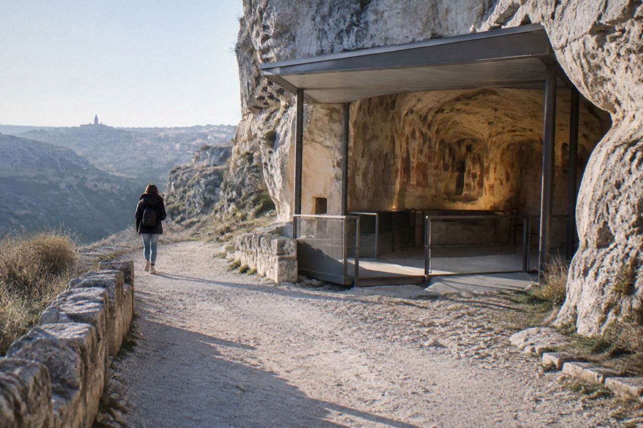 Carved tufa interior of a rock church with painted walls lit softly