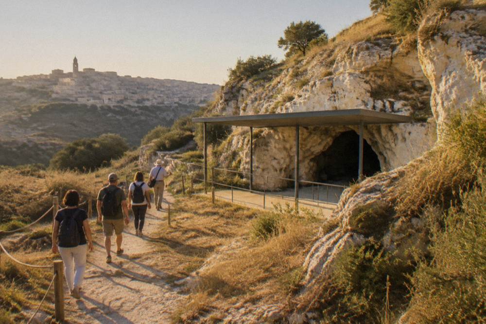 Small group of visitors walking with a guide along a rural path