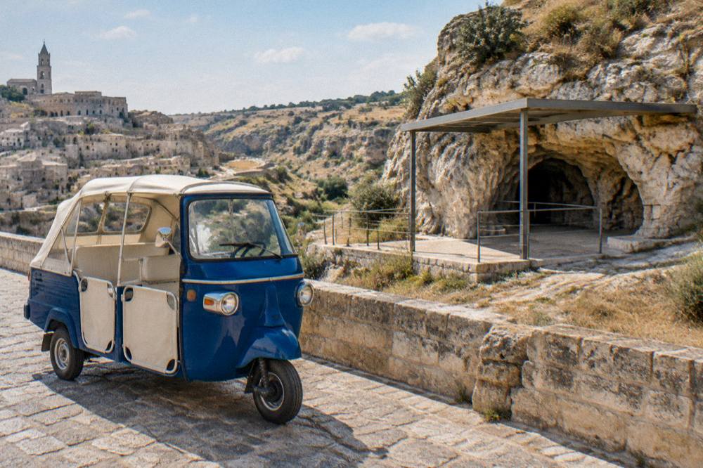 Three-wheeled Ape Calessino vehicle parked on a stone street overlooking cave dwellings