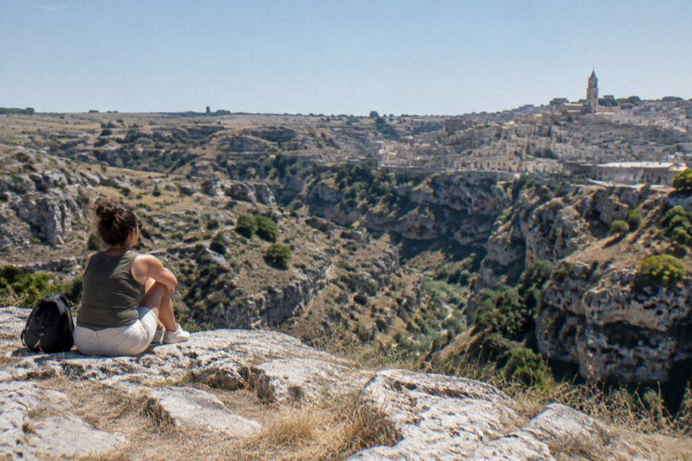 View across the Gravina canyon toward the Murgia plateau from Matera