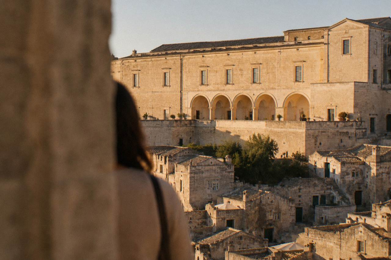 The stone facade of Palazzo Lanfranchi above the Sasso Caveoso rooftops in Matera