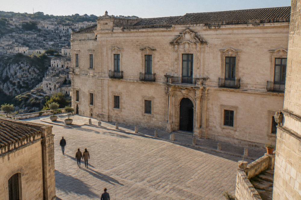 The baroque stone facade of Palazzo Lanfranchi seen from the square in Matera
