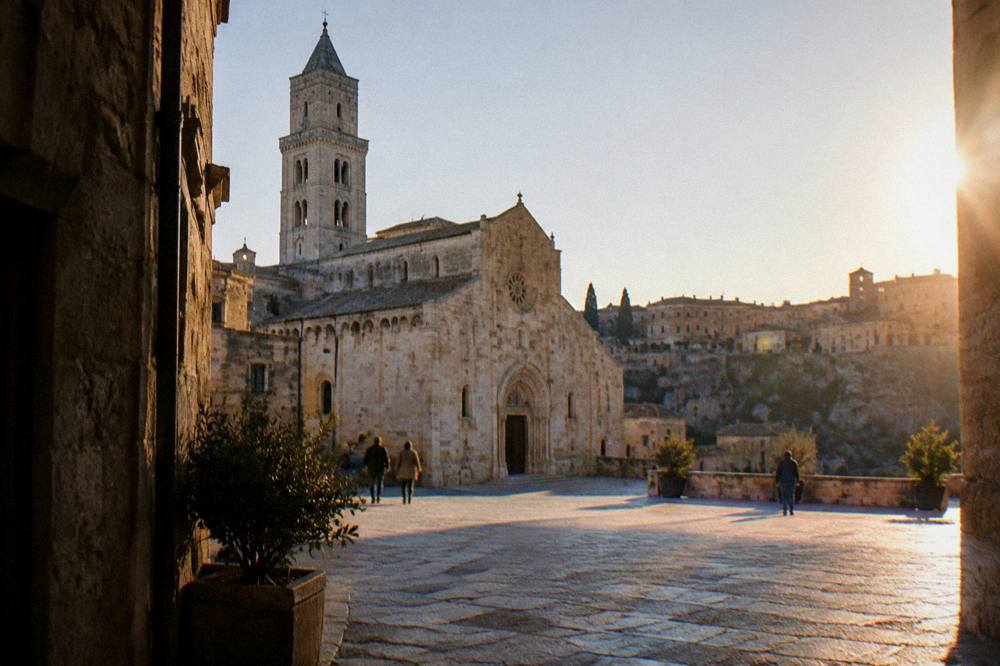 The Matera Cathedral tower and palace rooftops along the ridge above the Sassi