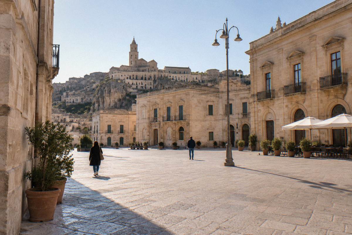 Wide pedestrian square with historic facades and open paving, few people, no signage visible